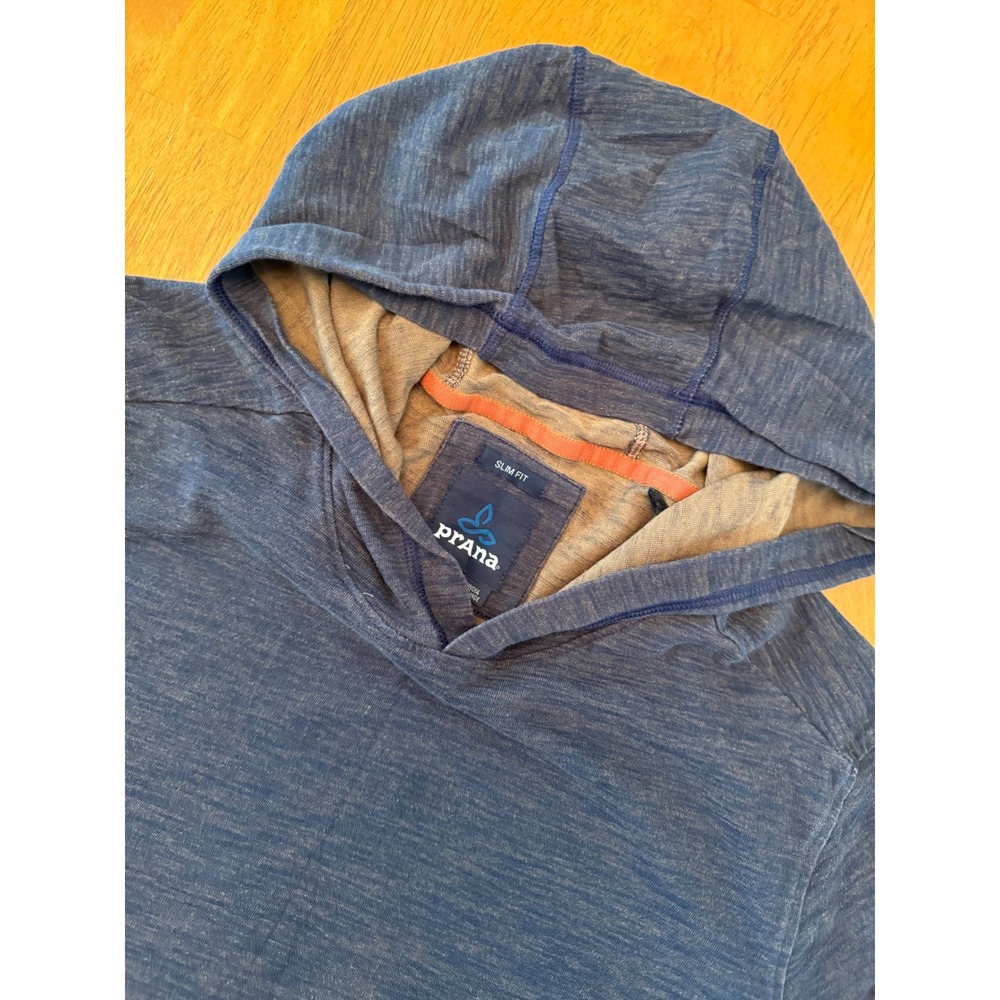 Prana Mens XL Slim Fit Hoodie Blue Heathered Organic Cotton Pullover Long Sleeve